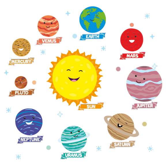 Removable 25" x 25" Educational Cartoon Art Solar System Kids Bedroom Wall Decoration Sticker Colorful Planets Names & Sun Smileys Design Vinyl Adhesive Home Wall Decal