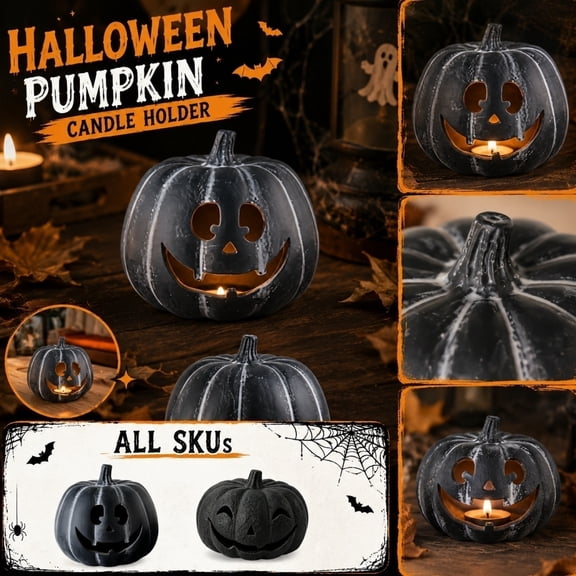 Halloween Matte Black Jack-O'-Lantern Candle Holder, Vintage Resin Hollow Pumpkin Tabletop Decor, Gothic Spooky Tealight Pumpkin Centerpiece for Mantel Bar Haunted House Party Display