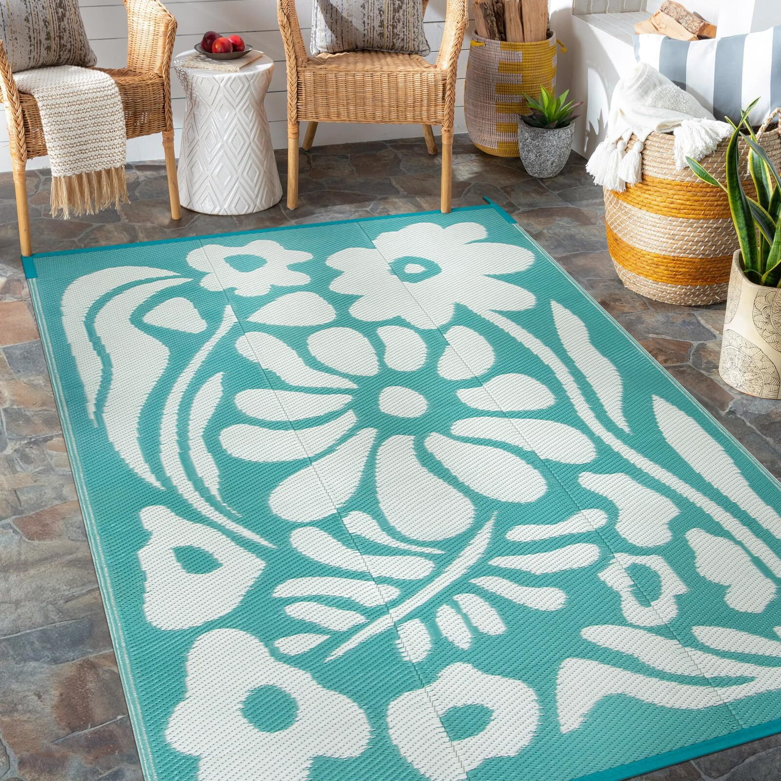 Lahome 5'x8' Waterproof Outdoor Mat - Reversible Plastic Straw Rug,Blue Floral Design for Backyard, Deck & Picnic (Blue Floral)