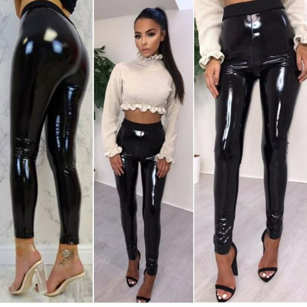 Women´s Shiny Leather Long Pants High Waist Skinny Disco Vinyl Pencil  Legging Trousers