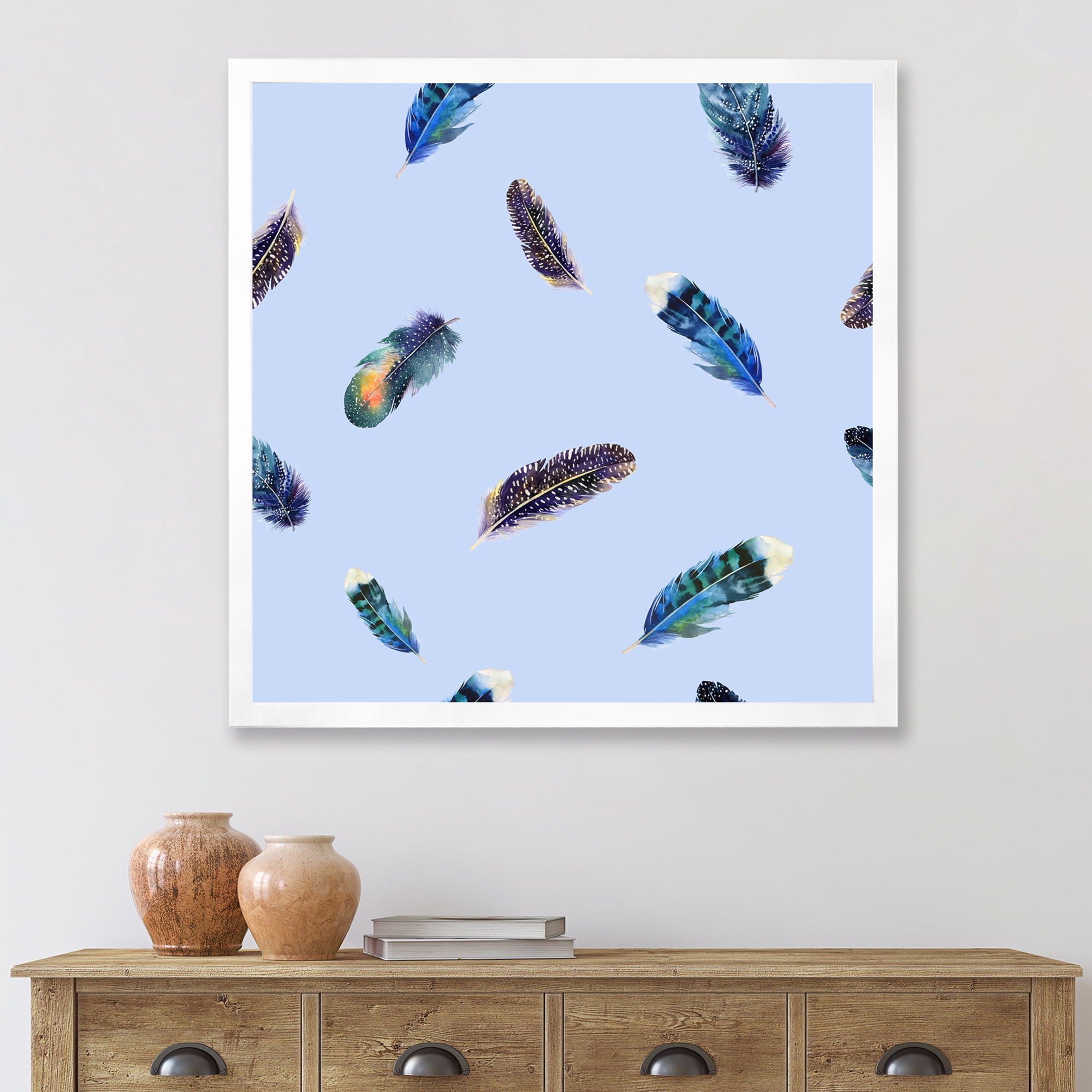 Designart 'Blue Feathers Boho Ethnic ' Bohemian & Eclectic Framed Art Print