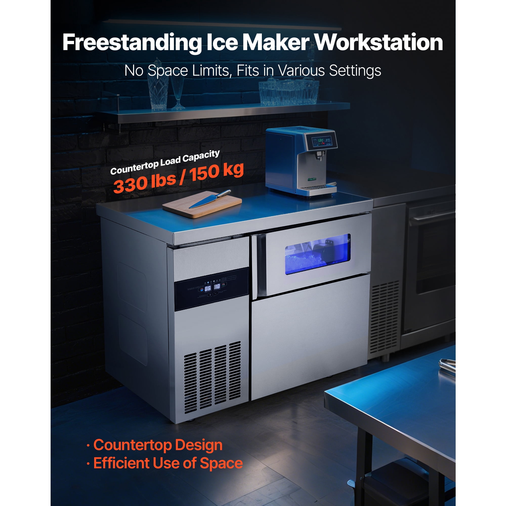 KFFKFF Commercial Ice Maker Machine, 265 lbs/24H Stainless Steel Ice Maker with Countertop, 66 lbs Storage & 126 Cubes per Cycle, Self-Cleaning Freestanding Ice Machine for Home, Bar, Office