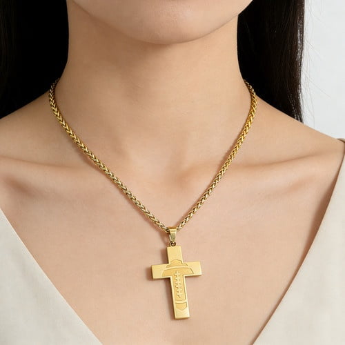 14K Yellow Gold The Lords Prayer Cross Pendant Necklace For Men Women Christian Prayers Jewelry Accessories