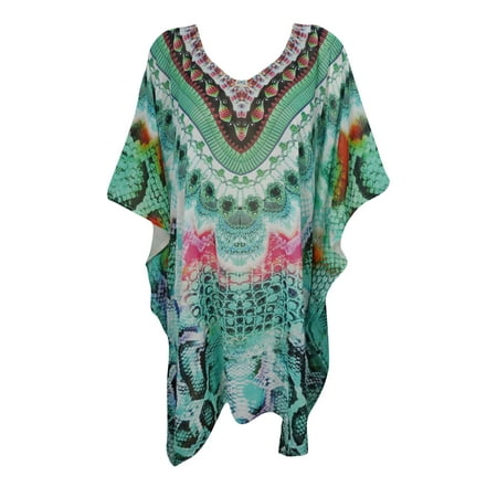 Short Caftan - Mogul Ladies Caftan Short Dresses Swimsuit Coverup Holiday Jeweled Print Green Kaftan Tunic Sexy Kimono Sleeves Resort wear One Size