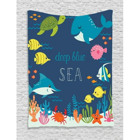 Cartoon Decor Wall Hanging Tapestry, Artsy Underwater Graphic With Algaes Coral Reefs Turtles Sword Fishes The Life Aquatic Motion, Bedroom Living Room Dorm Accessories, By
