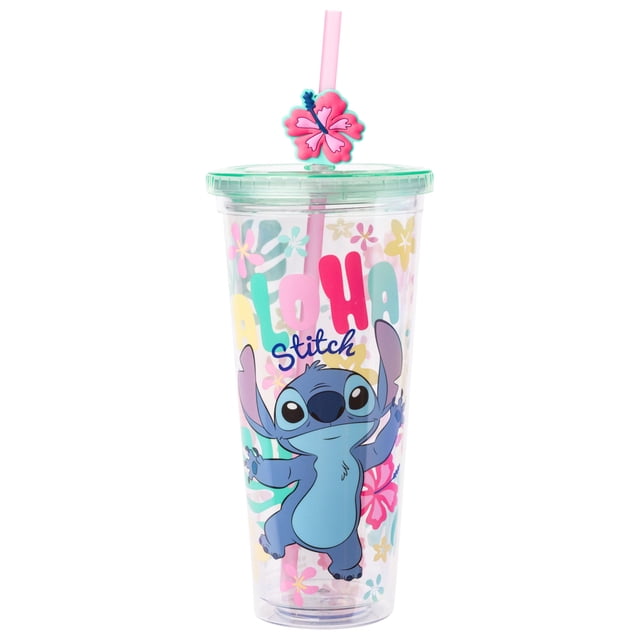 Silver Buffalo Lilo and Stitch aloha Stitch taza fría de plástico colorida con tapa y pajita decorativa, 24 onzas