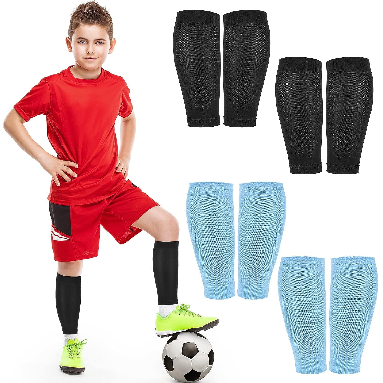 2-Pair Football Shin Pad Sleeves - Breathable Compression Leg Guards For Men, Youth & Kids