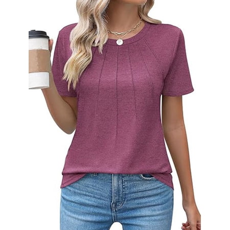 Blouses for Women Short Sleeve T Shirts Casual Dressy Summer Tops with Pleats Crew Neck Plain Tee for Ladies