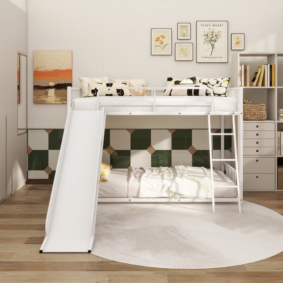 Metal Bunk Bed with Slide, Twin over Twin, White