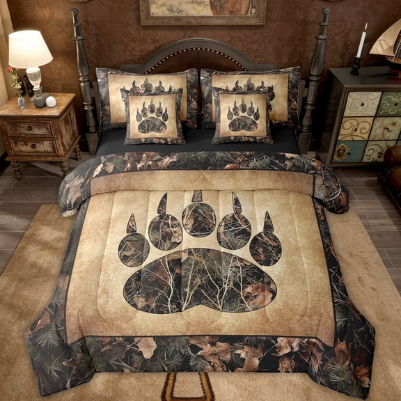 Rustic Farmhouse Bedding Sets Queen 7 Piece Camo Bear Paw Comforter Set Woodland Hunting Camouflage Animal Bed In A Bag Men,Retro Cabin Wildlife Sheet Set With Comforter