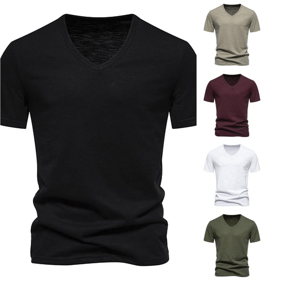Ulitacool T Shirts For Mens Summer Solid Color V Neck Short Sleeved T Shirt Comfortable Clothing Black