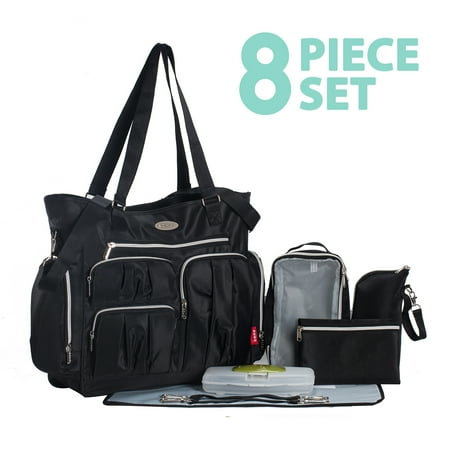 Times Square 8 pieces Diaper Tote Bag set (Classic Black)