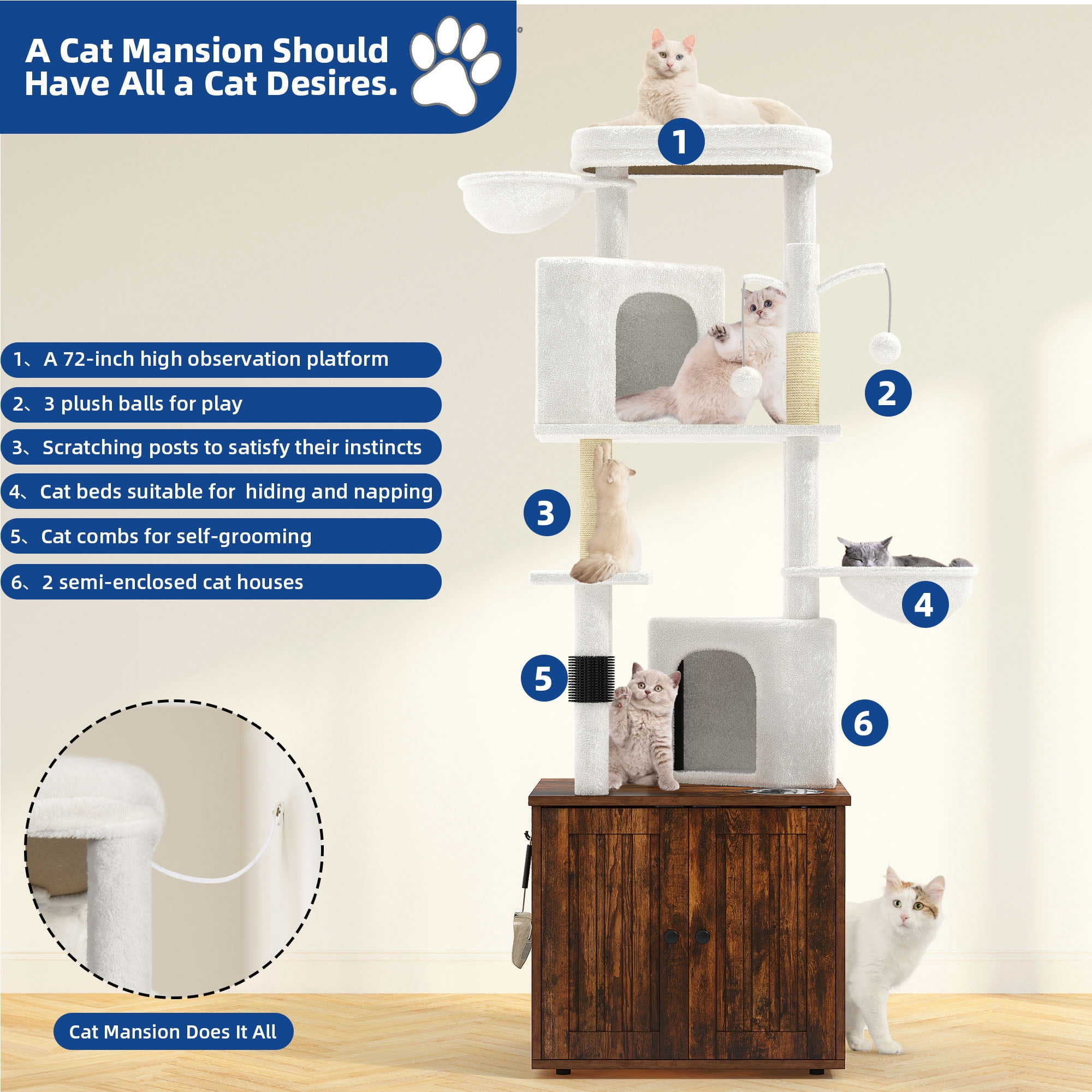 Dextrus Modern Cat Tree with Hidden Litter Box Enclosure,  Cat Furniture with Scratching Posts, 4-Tier Platform, Condos and Food Station, Brown