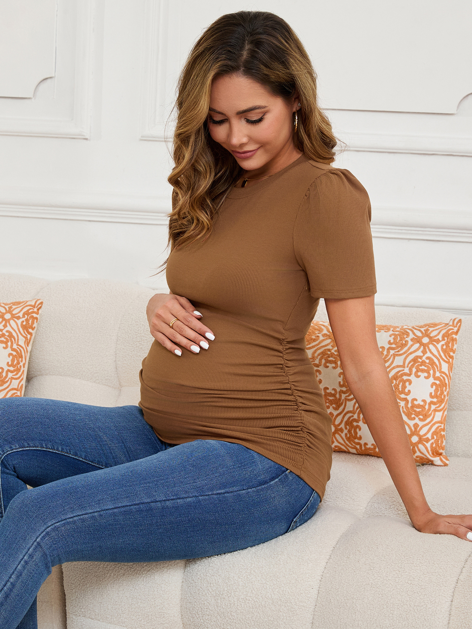 DARING DIVA Women's Short Sleeve Side Ruched Knit Puff Maternity Blouses XS Brown