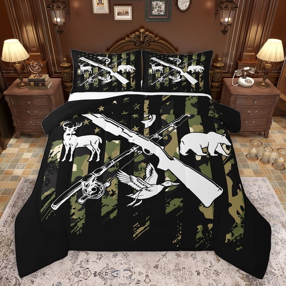 jejeloiu Safari Deer Bear Bedding Comforter Set,Camouflage American Flag Twin Comforter Sets,Wildlife Hunting Bedding Set For Men Women,Luxury Bedroom Decor Reversible,2 Pieces