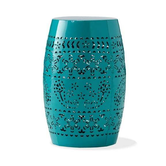 Benjara Outdoor Garden Stool Side Table, Lace-Cut 12 Inch Top, Teal Iron
