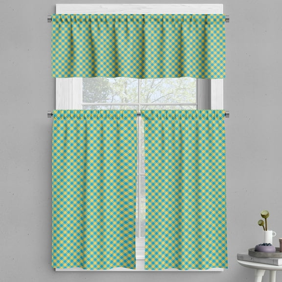 Ambesonne Geometric Valance & Curtain, Bicolour Design Gingham, 55"x36", Mustard and Sky Blue