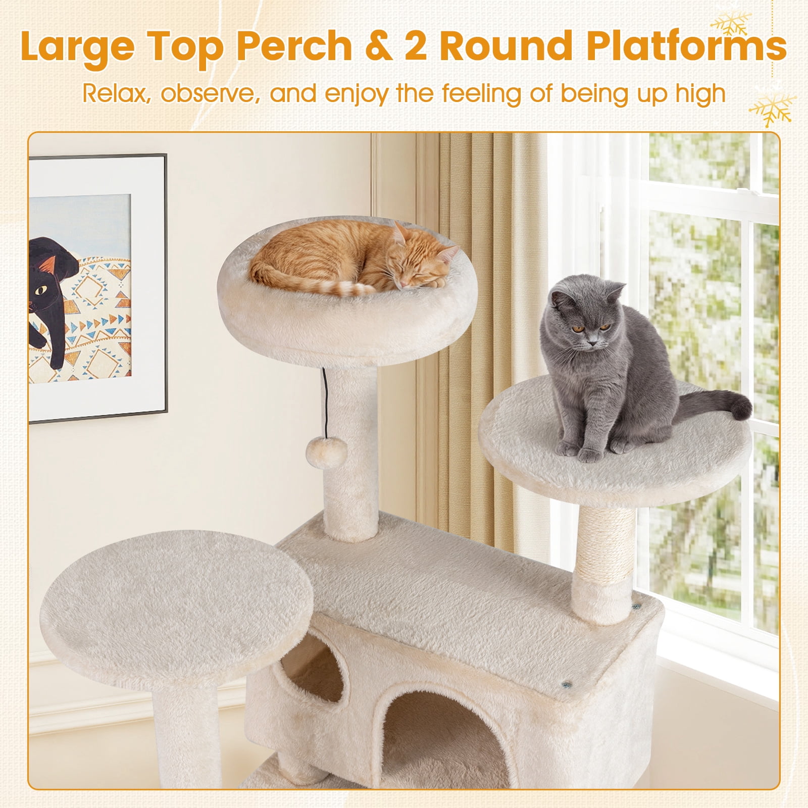 Gymax 52'' Tall Cat Tree Tower w/2 Condos Plush Padded Perch Sisal Scratching Posts Beige