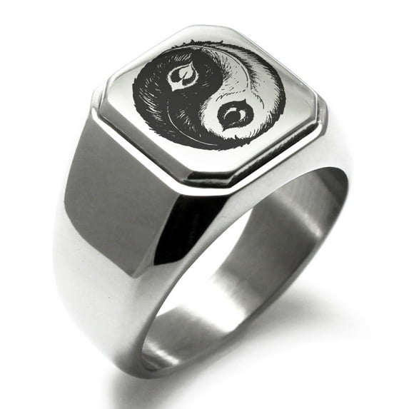 Stainless Steel Peacock Feather Yin Yang Engraved Square Flat Top Biker Style Polished Signet Ring