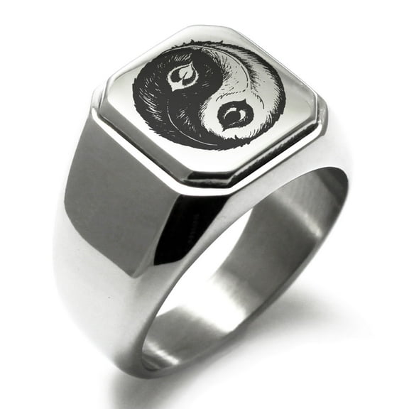 Stainless Steel Peacock Feather Yin Yang Engraved Square Flat Top Biker Style Polished Signet Ring