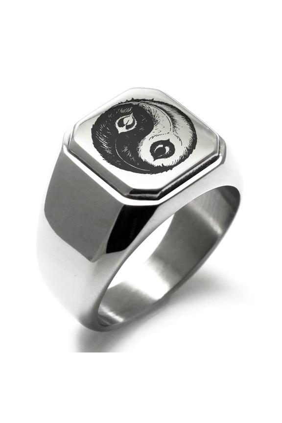 Stainless Steel Peacock Feather Yin Yang Engraved Square Flat Top Biker Style Polished Signet Ring