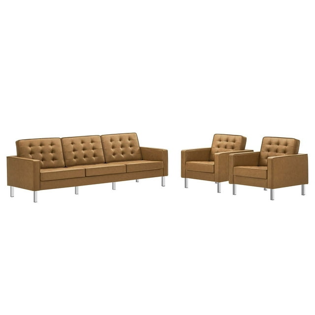 Modway Loft Tufted Vegan Leather Upholstered 3-Piece Living Room Furniture Set in Silver Tan