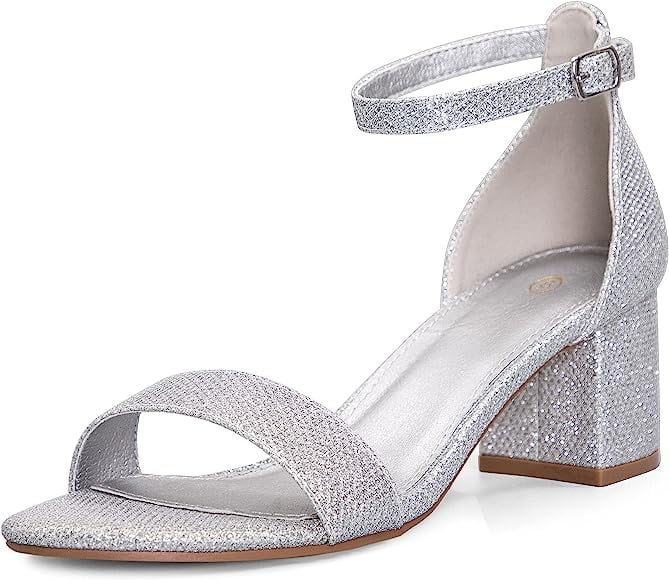 Mysoft Women's Chunky Low Heels Sandals Silver Glitter Ankle Strap