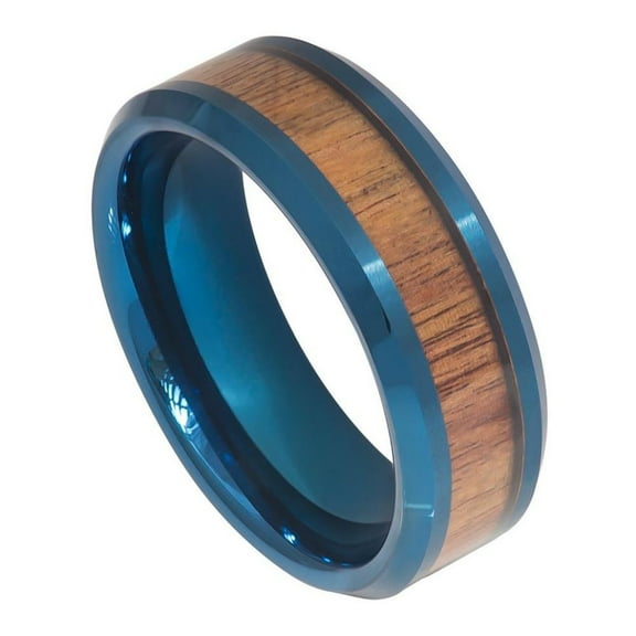 Custom Personalized Engraving Wedding Band Ring Set for Him & Her - 8mm Blue IP Plated Inner Ring with Hawaiian Koa Wood Inlay Beveled Edge