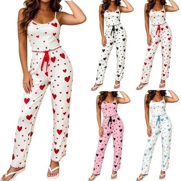 Bxsruta Womens Sleeveless Jumpsuit Heart Print Spaghetti Strap Romper Casual Loungewear