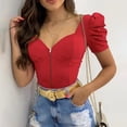 thumbnail image 2 of AherBiu Womens Tops Dressy Casual Low Cut Zip up Bubble Short Sleeve Blouse Ladies Elegant Shirts, 2 of 6