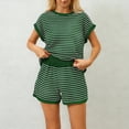 thumbnail image 6 of CIENVNSTG Two Piece Sets for Women Summer Round Neck Stripe Knit Short Sleeve Tee Shirts Shorts Casual Street Style Loungewear Shorts Sets Green XL, 6 of 7
