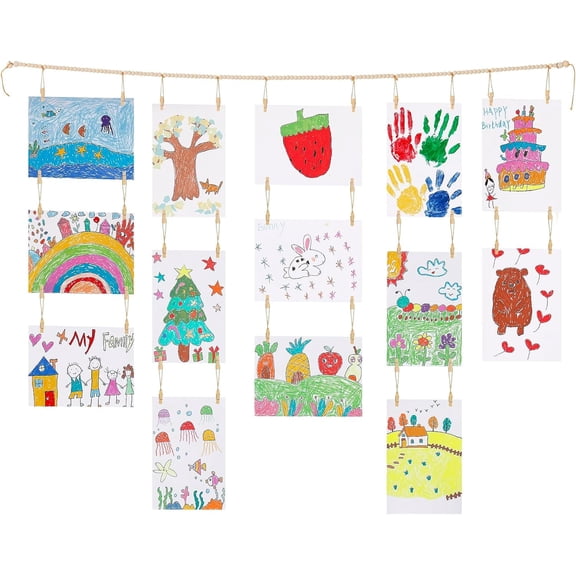 Kids Art Display Wall Decor, Wooden Beads Garland Frame Holder with 34 Clips for kids artwork, Photo, Wall Hanging Boho Room Bedroom Decor