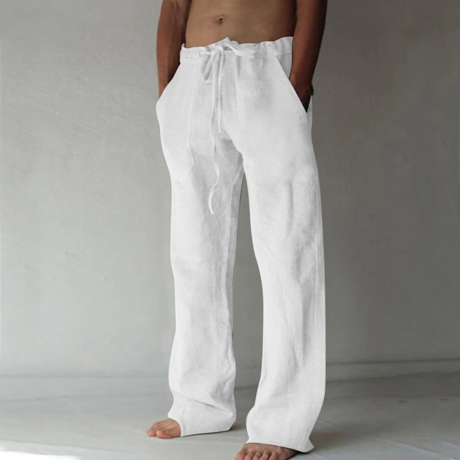Odeerbi Men's Cotton Linen Beach Pants Drawstring Wide Leg Pants Breathable  Comfortable Soft Pants 2024 Casual Elastic Waist Full Length Trousers