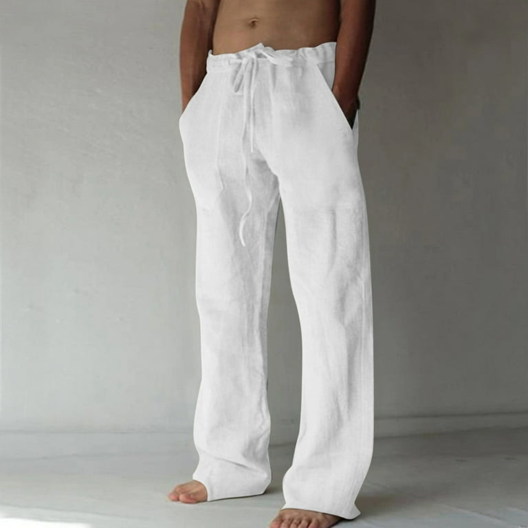 Cotton Linen for Men Lightweight Solid Drawstring Wide Leg Pants Casual  Baggy Comfy Lounge Trousers with Pockets 