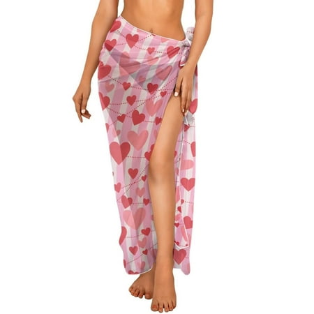 FKELYI Sarong Wrap for Women Long Beach Cover Up Pink Love Heart Stripe Print Swimwear Cover-Up for Bathing Suit Breathable Bikini Coverup for Lady Summer Vacation