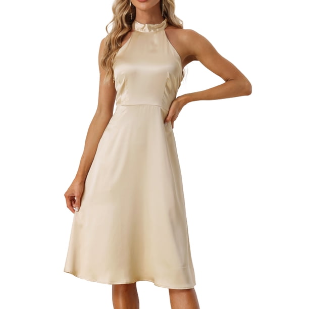Vestido Midi Allegra K De Satén Sin Mangas Con Cuello Halter Para Mujer Cremallera Lateral De Cintura Alta Elegante Cóctel De Fiesta champán M