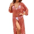 thumbnail image 2 of Qzwdhjm Women's Beach Coverup Mesh Hollow Out Midi Cardigans Cover Ups 3/4 Sleeve Open Front Swim Suits Cover Up Summer Beachwear Coverups, 2 of 7