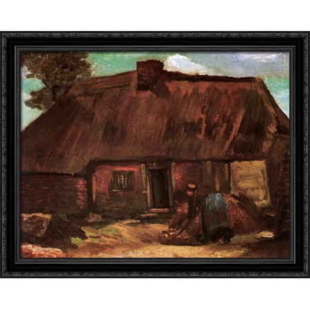 Cottage with Peasant Woman Digging 34x28 Large Black Ornate Wood Framed Canvas Art by Vincent van Gogh