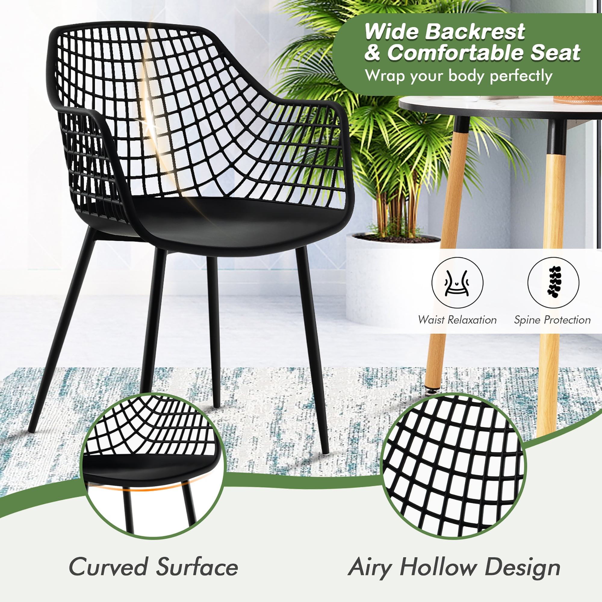 Costway Modern Dining Chair Set of 4 Plastic Shell Hollow withMetal Legs for Living Room Black