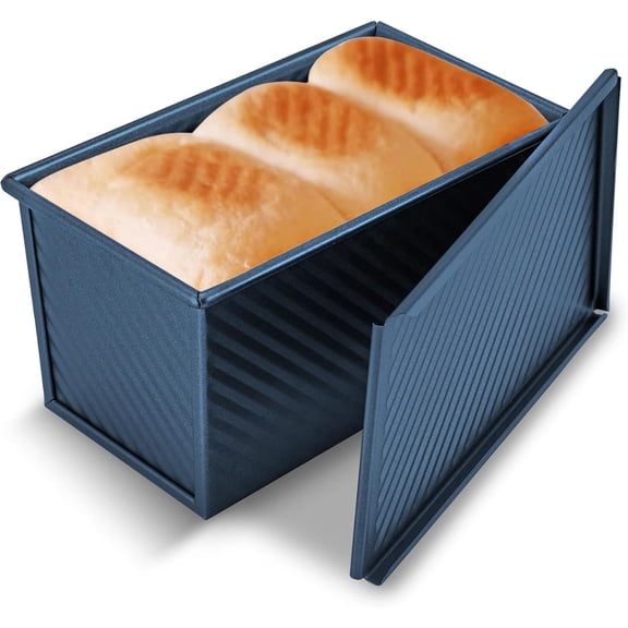 Pullman Loaf Pan with Lid, 1 lb Dough Capacity Non-Stick Bakeware for Baking Bread, Carbon Steel Corrugated Bread Toast Box Mold with Cover,Blue