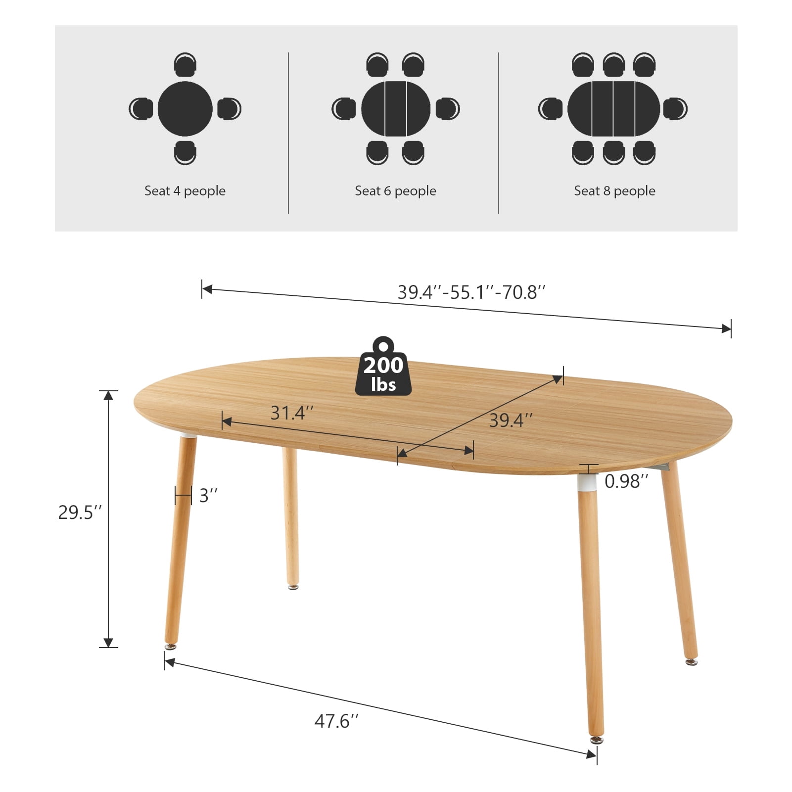 Lecut Expandable Dining Table, 39.3" Round Table to 70.8" Oval Dining Table, Wooden Farmhouse Kitchen Table with MDF Top, 4-8 Person Oak Dining Table for Home, Office