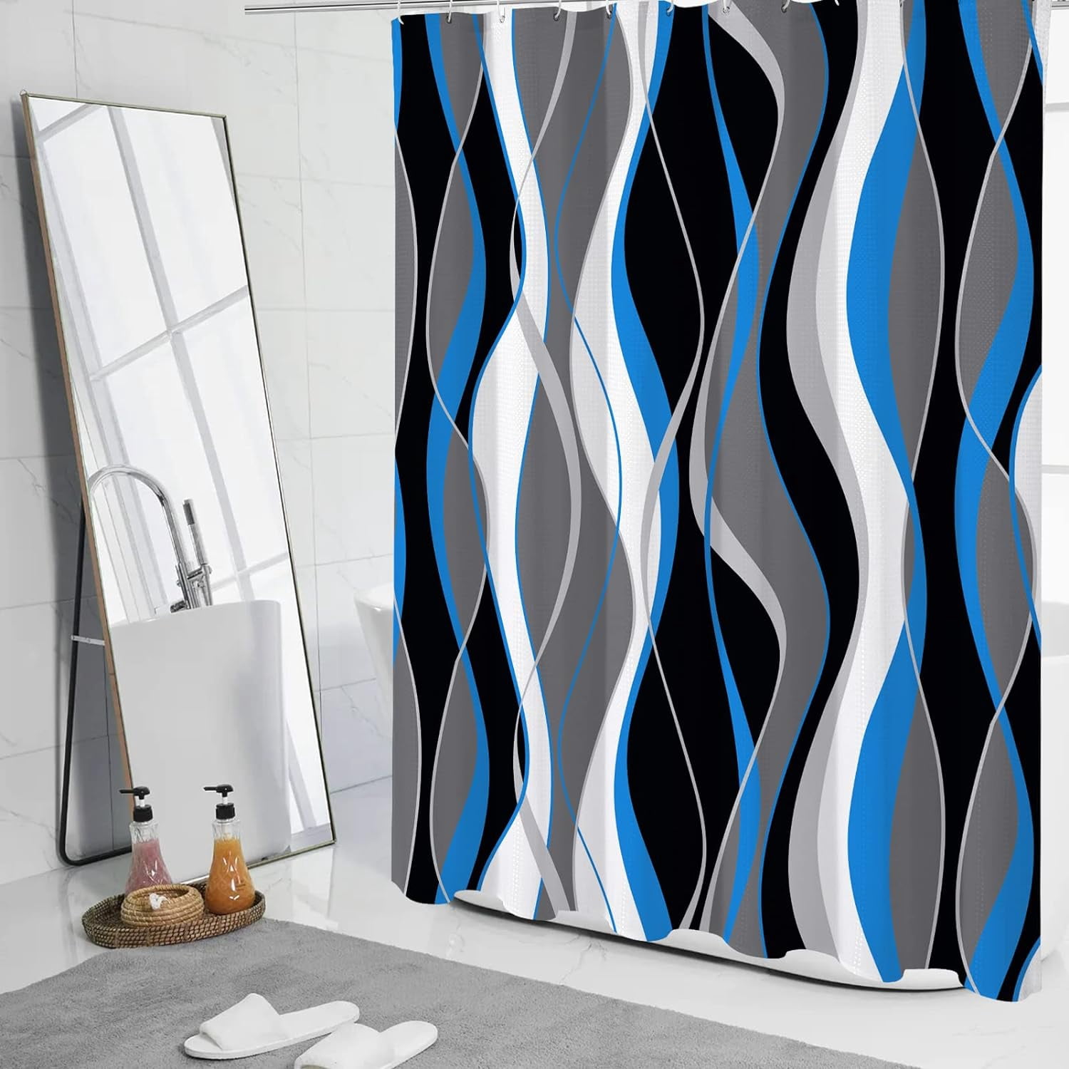 Abstract Blue Shower Curtain, Black and Grey Modern Bathroom Decor Accessories, Waffle Weave Textured Fabric Shower Curtain Set with Hooks, 72x72