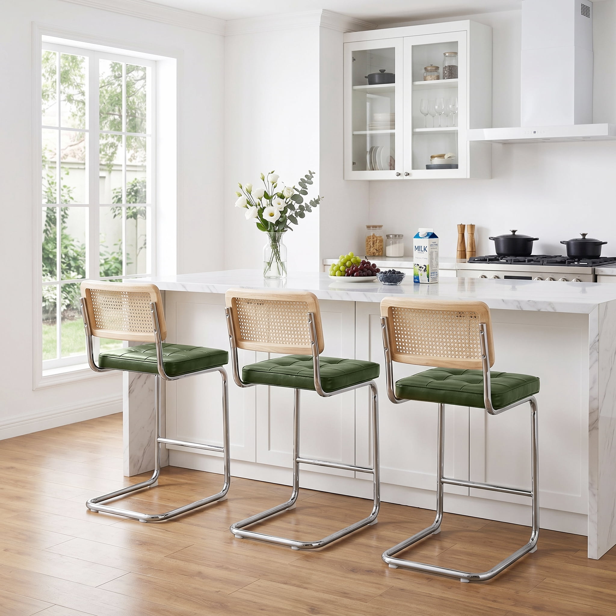 Zesthouse Rattan Counter Height Bar Stools Set of 2, 26″ Faux Leather Counter Height Barstool with Cane Back, Mid Century Modern Bar Chairs for Kitchen Island, Green