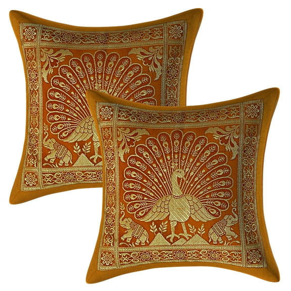 Stylo Culture Ethnic Bohemian Brocade Mustard Yellow And Gold Throw Pillow Covers 12x12 Jacquard Weave Sofa Christmas Pillow Covers Peacock Floral 30x30 cm Decorative Cushion Covers (Set Of 2)