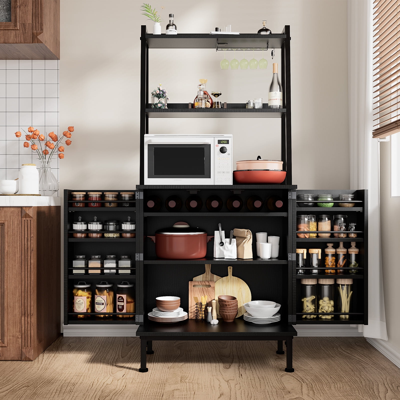 Casendy Kitchen Pantry with Microwave Stand and Storage Shelves, Farmhouse Kitchen Cupboard with Adjustable Shelves, Kitchen Buffet Cabinet with Door for Dining Room, Black