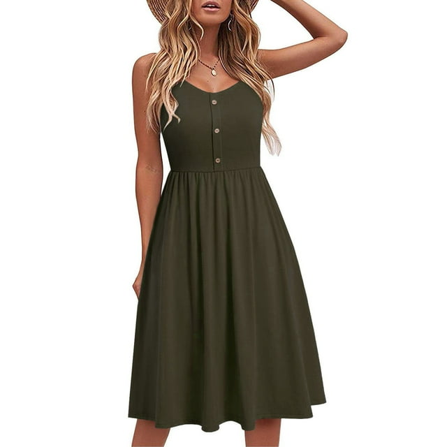 Staron Robe d'Été pour Femmes, Smockée, Sans Manches, Col en V, Robe Trapèze, Vacances, Fluide, Bohème, à Bretelles Spaghetti, Robes Soleil, Vert, TG