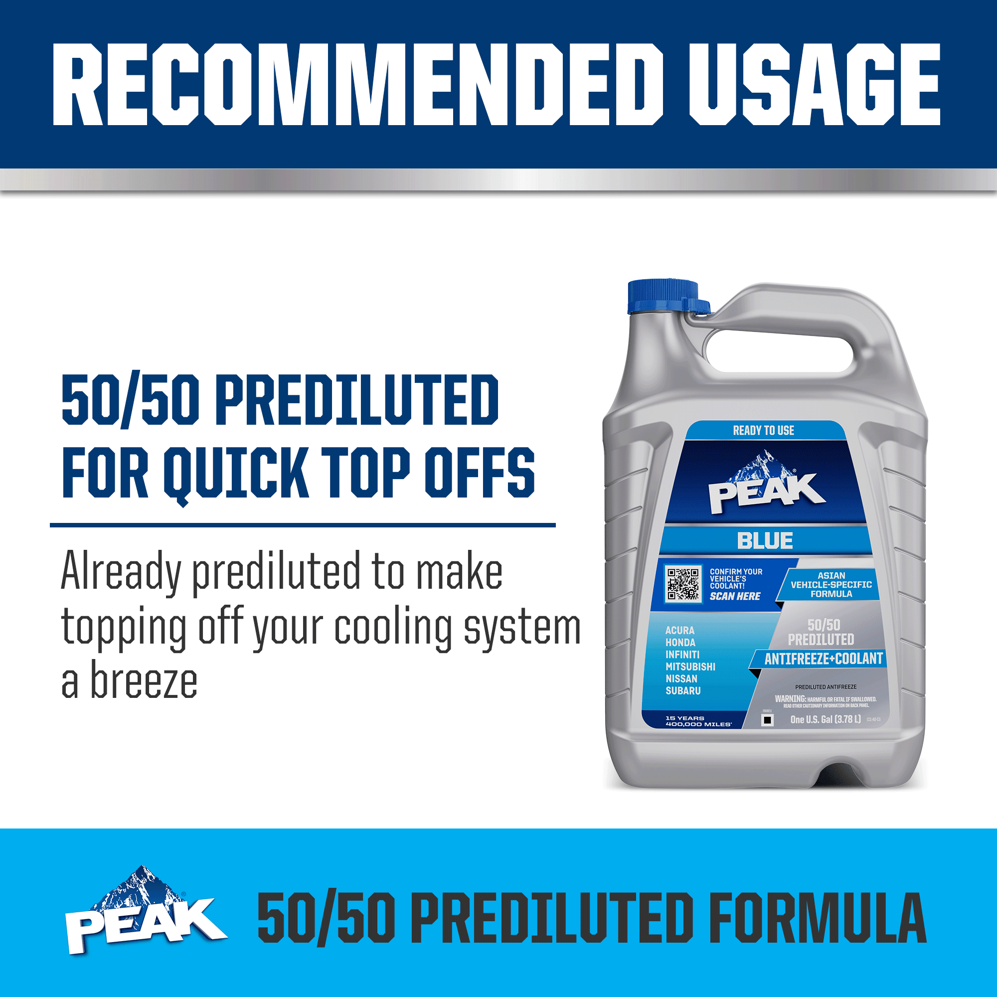 PEAK Asian Blue 50/50 Prediluted Antifreeze + Coolant, 1 gal