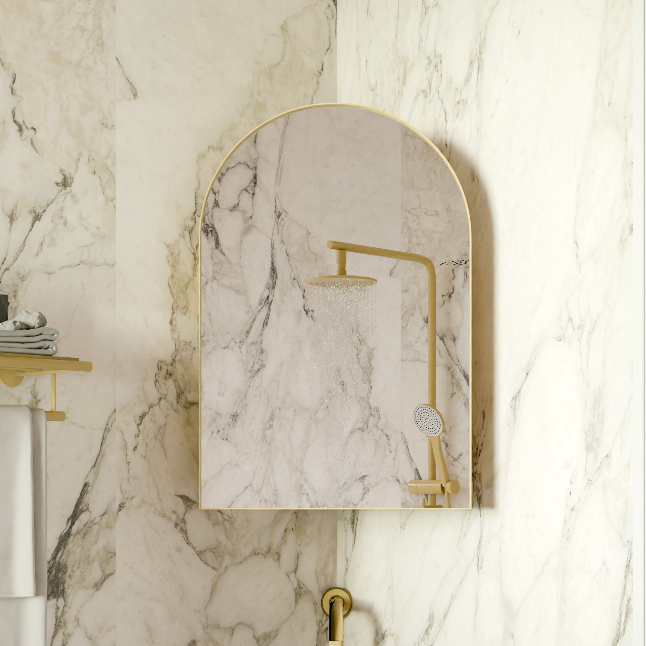 Noble House 18" Corner Medicine Cabinet, Arched Mirror, Metal Frame, Adjustable Glass Shelves, for Small Spaces, Golden
