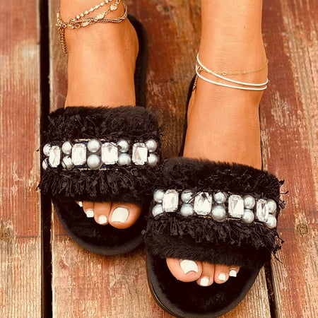 

Follure Girl women s casual shoes Women Home Slip-On Furry Flat Home Plus Large Rhinestone Open Toe Keep Warm Slippers Shoes Black 40-41