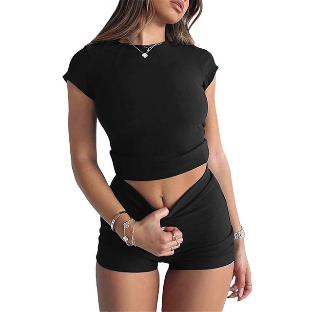 2 Piece Skinny Shorts Set Ribbed Short Sleeve Tight T-Shirt Bodycon Shorts Workout Running Tracksuit